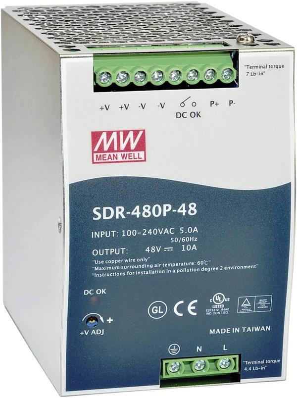MEANWELL • SDR-480P-48 • Průmyslový napájecí spínaný zdroj 48V 480W na DIN