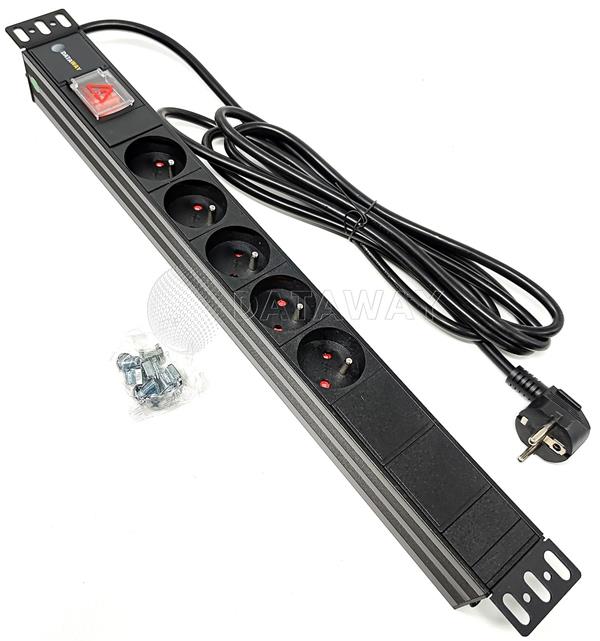 DATAWAY • PDU-5-PP-3M • Napájecí panel 5x 230V, 1U, 19", M6, 3m